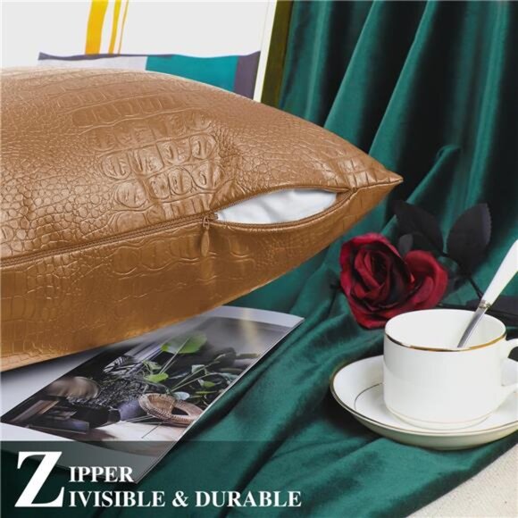 Faux Leather Pillow Covers 18 X 18 Inches, Tan Leather Pillow Covers Pack of 2 - Picture 6 of 7